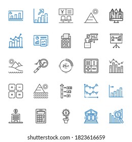 graph icons set. Collection of graph with bar chart, bank, growth, calculator, line chart, pyramid, maths, math, percentage, analytics, presentation. Editable and scalable graph icons.