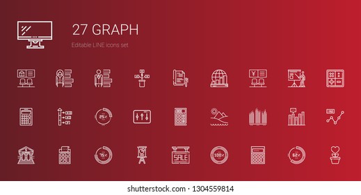 graph icons set. Collection of graph with calculating, percentage, sale, presentation, calculator, bank, bar chart, pyramid, levels, growth. Editable and scalable graph icons.