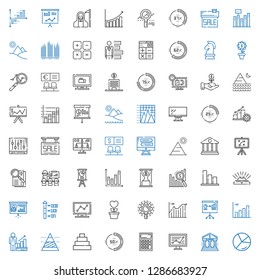 graph icons set. Collection of graph with chart, bank, line chart, calculator, percentage, pyramid, pyramid chart, profits, bar presentation. Editable and scalable graph icons.