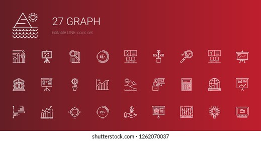 graph icons set. Collection of graph with levels, presentation, investment, percentage, pie chart, bar graph, bar chart, calculating, pyramid. Editable and scalable graph icons.