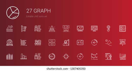 graph icons set. Collection of graph with line chart, percentage, pie chart, bar chart, levels, death, maths, presentation, profits, analytics. Editable and scalable graph icons.
