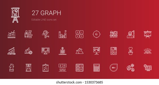 graph icons set. Collection of graph with percentage, calculating, math, bank, strategy, time is money, calculator, presentation, pyramid, monitor. Editable and scalable graph icons.