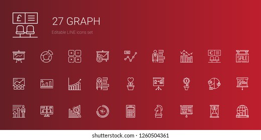 graph icons set. Collection of graph with presentation, strategy, calculator, percentage, bar chart, monitor, profits, growth, chart, line chart. Editable and scalable graph icons.