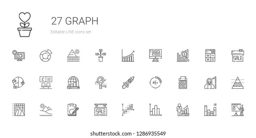 graph icons set. Collection of graph with profits, bar chart, sale, sketch, pyramid, pyramid chart, calculator, percentage, rising, analytics. Editable and scalable graph icons.