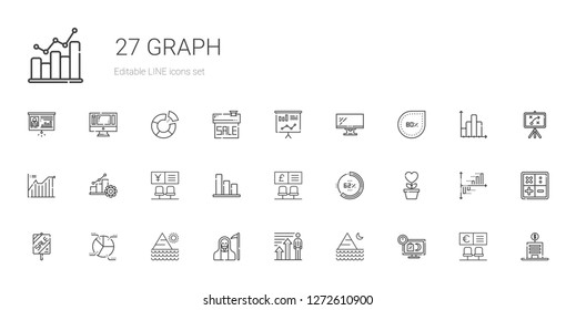 graph icons set. Collection of graph with sale, pyramid, profits, death, pie chart, growth, percentage, bank, bar chart, progress, line chart. Editable and scalable graph icons.