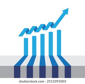 Gráfico com relatório de aumento. Diagrama de barras com aumento e ganho de progresso. Ilustração vetorial