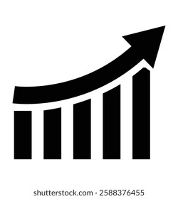 Graph, increasing trend, upward arrow, bar chart, growth, statistics, black and white, minimalist design, business icon, financial data, progress visualization, ascending curve.