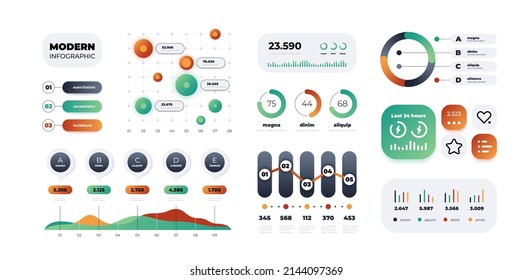 Graph infographic. Colorful modern flow charts and diagrams, option and step timeline, gradient graphic. Vector isolated set. Report statistics in presentation. Business progress information
