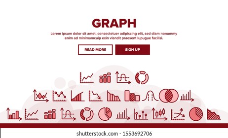 Graph Landing Web Page Header Banner Template Vector. Statistic Graph Diagram And Analytics Data Assortment Linear Pictograms. Business Illustration