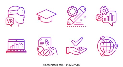 Graph laptop, Cogwheel and Project edit line icons set. Prescription drugs, Dermatologically tested and Augmented reality signs. Graduation cap, Eco energy symbols. Gradient graph laptop icon. Vector