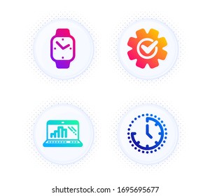 Graph laptop, Cogwheel and Smartwatch icons simple set. Button with halftone dots. Time sign. Mobile report, Engineering tool, Digital time. Clock. Technology set. Vector