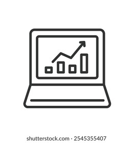 Gráfica una computadora portátil, icono en diseño de línea. Gráfico, ordenador portátil, datos, análisis, tecnología, negocio, crecimiento en el Vector de fondo blanco. Gráfico, un icono de trazo editable portátil