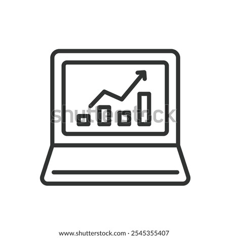 Graph a laptop, icon in line design. Graph, laptop, data, analysis, technology, business, growth on white background vector. Graph, a laptop editable stroke icon