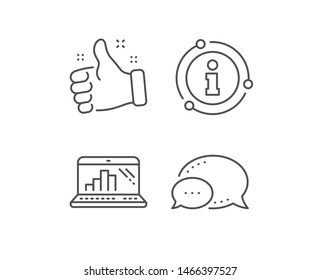 Graph laptop line icon. Chat bubble, info sign elements. Column chart sign. Growth diagram symbol. Linear graph laptop outline icon. Information bubble. Vector