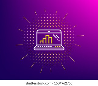 Graph laptop line icon. Halftone pattern. Column chart sign. Growth diagram symbol. Gradient background. Graph laptop line icon. Yellow halftone pattern. Vector
