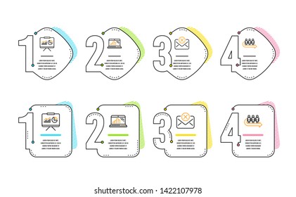 Graph laptop, Presentation and Reject mail icons simple set. Queue sign. Mobile report, Board with charts, Delete letter. People waiting. Business set. Infographic timeline. Line graph laptop icon