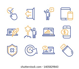 Graph laptop, Reject protection and Phone payment icons simple set. Update time, Sign out and Star signs. Mobile devices, Online help and Checkbox symbols. Line graph laptop icon. Colorful set