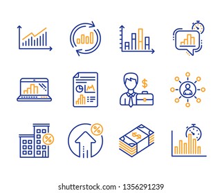 Graph laptop, Update data and Diagram graph icons simple set. Report document, Businessman case and Loan percent signs. Loan house, Statistics timer and Usd currency symbols. Line graph laptop icon