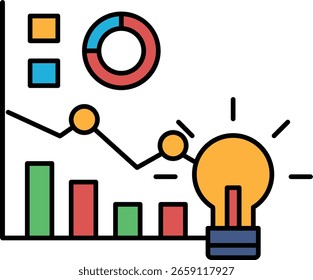 Un gráfico con una bombilla encima. El gráfico muestra una tendencia a la baja. La bombilla es un símbolo de innovación y creatividad