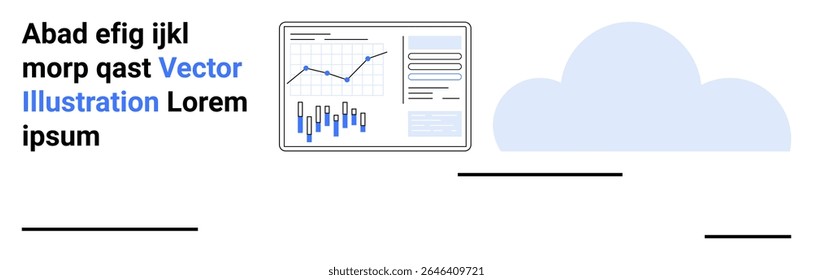 Graph mit Linien- und Balkendiagrammen, abstraktem Text und einem Wolkensymbol. Ideal für Analytik, Datenvisualisierung, Technologie, Cloud Computing, Business Intelligence, Präsentationen und Marketing. Landung