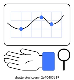 Graph with line chart and blue data points, open hand, magnifier. Ideal for business analysis, data visualization, strategy planning, decision-making, market research presentations. Line metaphor