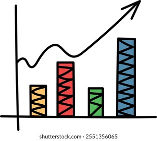 A graph with a line going up and a red, blue, and green bar