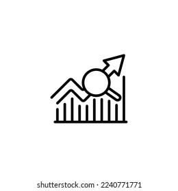 Graph line icon. Line chart, trend, profit, growth, increase, magnifier, arrow, strategy, trade, sales, purchases, stocks, prices, investments. Finance concept. Vector black line icon