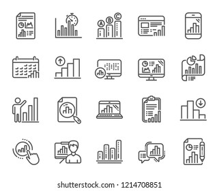 Graph line icons. Set of Chart presentation, Report and Increase growth graph linear icons. Analytics testing, Falling demand and Pie chart report symbols. Calendar statistics, Stats. Vector