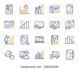 Graph line icons. Set of Chart presentation, Report, Increase growth graph icons. Analytics testing, Falling demand, Pie chart report. Calendar statistics, Stats. Ab testing, Increase sales. Vector