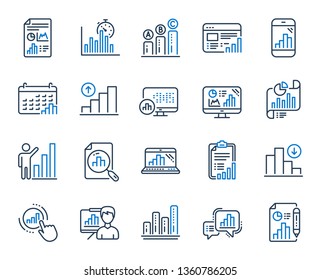 Graph line icons. Set of Chart presentation, Report, Increase growth graph icons. Analytics testing, Falling demand, Pie chart report. Calendar statistics, Stats. Ab testing, Increase sales. Vector