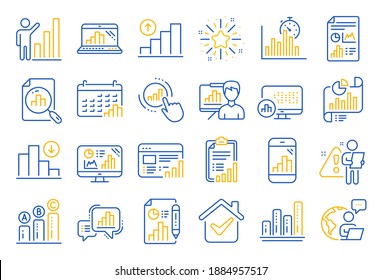 Graph line icons. Set of Chart presentation, Report, Increase growth graph icons. Analytics testing, Falling demand, Pie chart report. Calendar statistics, Stats. Ab testing, Increase sales. Vector