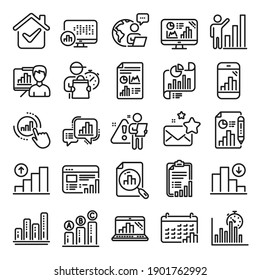 Iconos de la línea de gráfico. Conjunto de iconos de la presentación de gráfico, Informe, Incrementar el gráfico de crecimiento. Pruebas analíticas, demanda de disminución, informe de gráfico circular. Estadísticas del calendario. Prueba de Ab, Aumentar las ventas. Vector