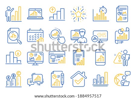 Graph line icons. Set of Chart presentation, Report, Increase growth graph icons. Analytics testing, Falling demand, Pie chart report. Calendar statistics, Stats. Ab testing, Increase sales. Vector