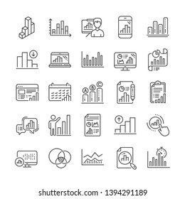 Graph line icons. Set of Report, Chart presentation, Increase growth graph icons. Analytics testing, Falling demand, Pie chart report. Calendar statistics, Stats. Ab testing, Increase sales. Vector