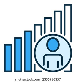 Graph with Man in Circle vector concept blue icon or symbol in thin line style