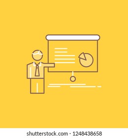 graph, meeting, presentation, report, seminar Flat Line Filled Icon. Beautiful Logo button over yellow background for UI and UX, website or mobile application
