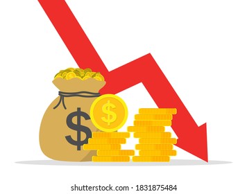 Graph Of Money Loss. Low Cost Dollars. Crisis Of Economy With Decrease Sales And Revenue. Icon Of Reduction Of Market And Economic Down. Financial Bankruptcy. Infographic Of Inflation. Vector.