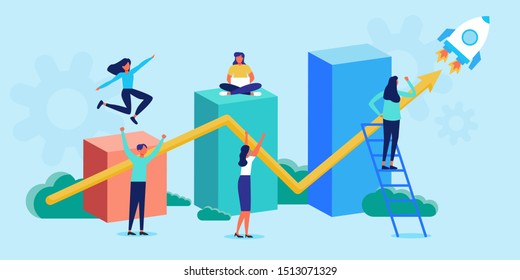 Graph, move up motivation, The way to achieve the goal. Teamwork concept. Vector illustration.  