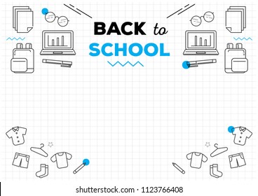 graph note paper background with study icon vector illustration with pen,pencil,shirt,bag,glasses,laptop,sock line illustration