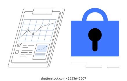 Graph on clipboard and blue lock symbolize security in data analytics. Ideal for data protection, cybersecurity, data analysis, business reports, information management. Modern digital vector style