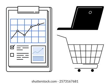 Graph on clipboard, laptop silhouette, shopping cart. Ideal for business analytics, e-commerce, market research, finance, entrepreneurship. Modern clean minimalist