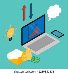 Graph on computer. Work and money concept. Web of analytics process with laptop and development website statistic flat style vector illustration 