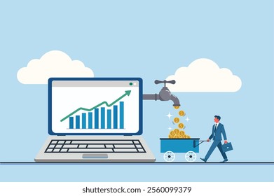 A graph on a laptop screen shows rising profits, with coins flowing from a faucet into a cart, financial success, passive income, online business, and investment Digital revenue growth themes.