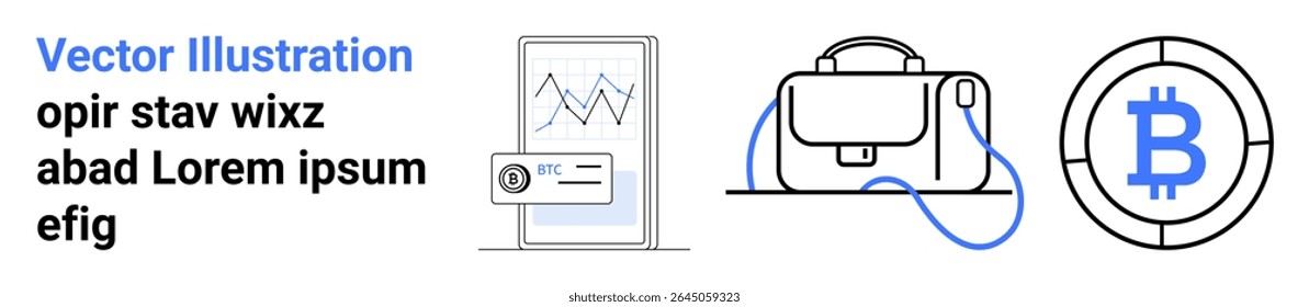 Graph on mobile, digital and physical wallet with strap, Bitcoin logo. Ideal for finance, investment, cryptocurrency, fintech, online transactions, savings, technology. Landing page