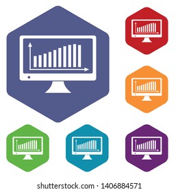 Graph on the monitor icons vector colorful hexahedron set collection isolated on white