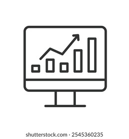 Graph on PC, icon in line design. Graph, PC, computer, display, analysis, data, chart on white background vector. Graph on PC editable stroke icon