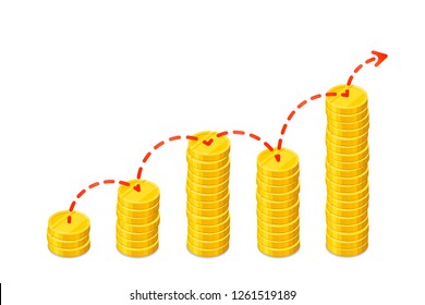 Graph out of columns of gold coins with dashed red arrow. Isometric vector illustration