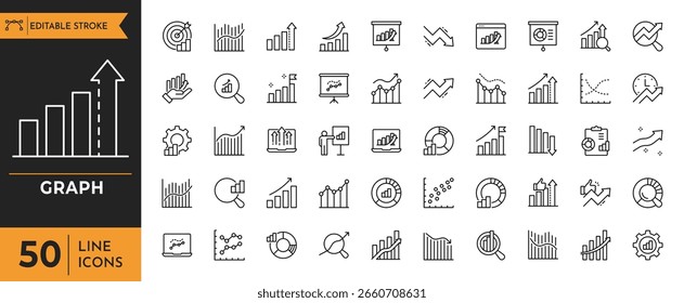 Conjunto de ícones da estrutura de tópicos do gráfico. Contendo estatísticas, pesquisa, previsão, análise, gráfico, crescimento e muito mais. Ilustração editável do vetor. traçado
