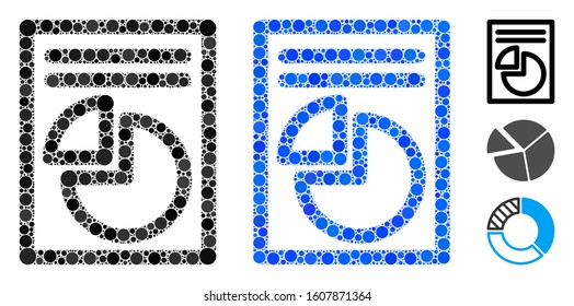 Graph page mosaic of filled circles in variable sizes and color tones, based on graph page icon. Vector small circles are combined into blue mosaic. Dotted graph page icon in usual and blue versions.