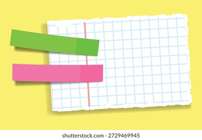 Papel de gráfico con notas adhesivas de colores, una hoja de nota en blanco para notas, recordatorios o mensajes sobre un fondo amarillo